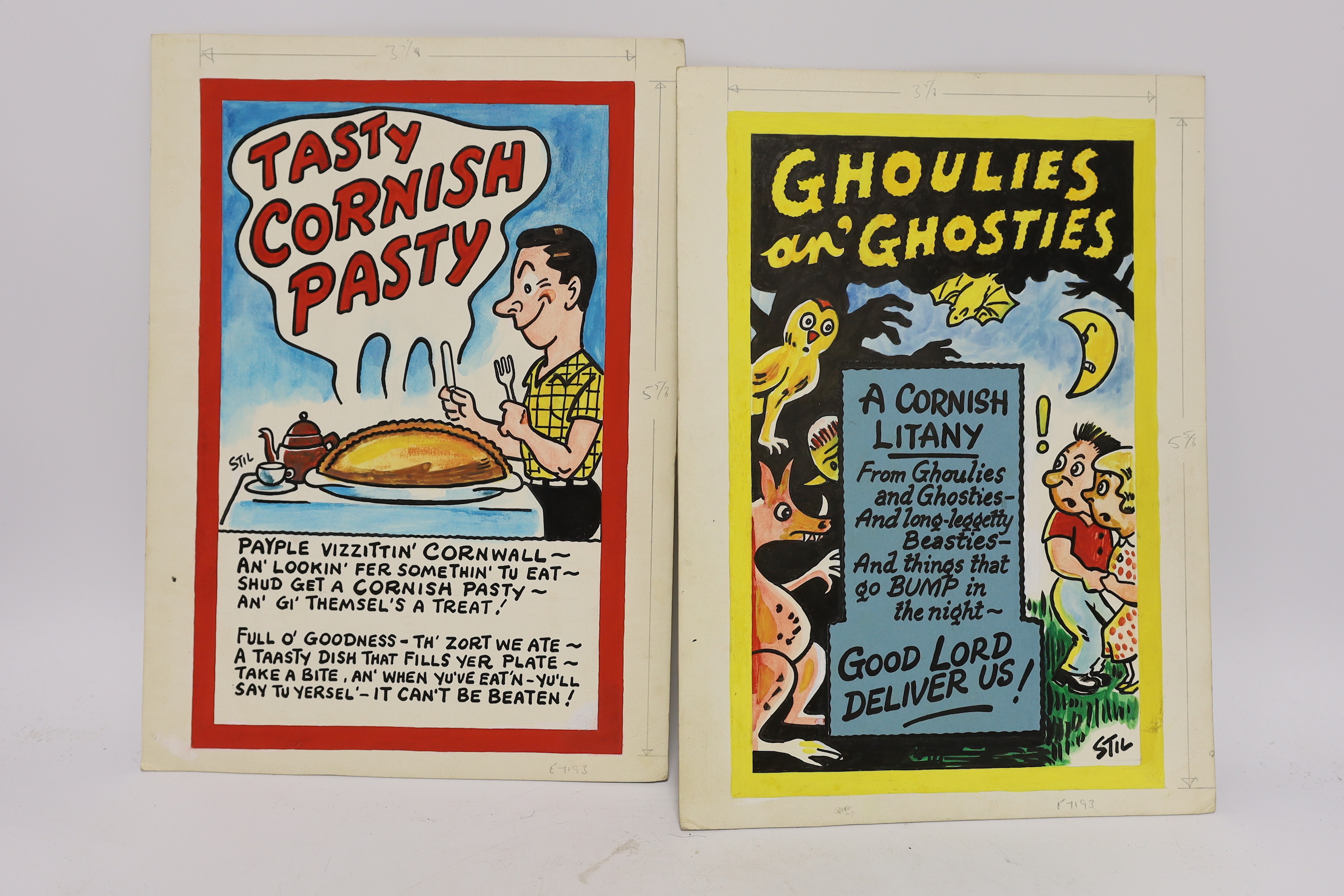 George Stillings, 'Stil' (1907-1967), set of six original gouache, postcard cartoon designs, Humorous Cornish subjects, 32 x 23cm, unframed